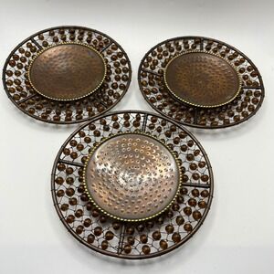 Set of 3 Hammered Copper Pillar Candle Plates Amber Glass Beaded Wire Rim 5.5"